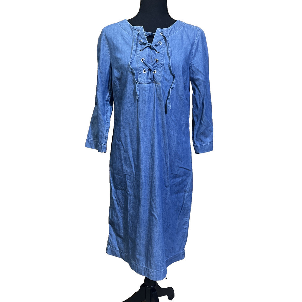 Talbots Denim Shift Dress Womens Size 6 Lace Up Cowgirl Coastal Cottage Preppy
